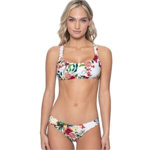 PQ Swim Reversible Wave Summer Hibiscus Floral White Pink Bikini Top Sz M